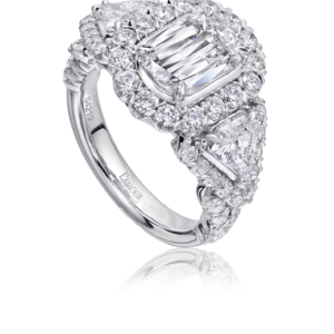 Unique Diamond and Platinum Engagement Ring with Triangular Shaped Side Diamonds and Pave Setting